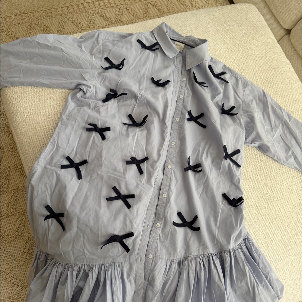 Anthropologie Light Blue Mini Dress with 3D Navy Bow Accents
